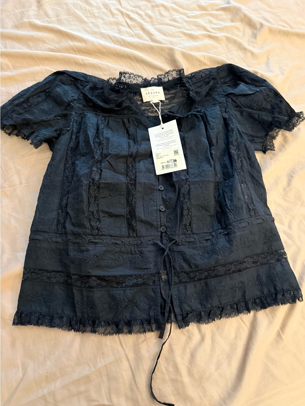 Sézane NWT Black Shenali FR 34/ US 2 / Lace-Trim Button Front Blouse